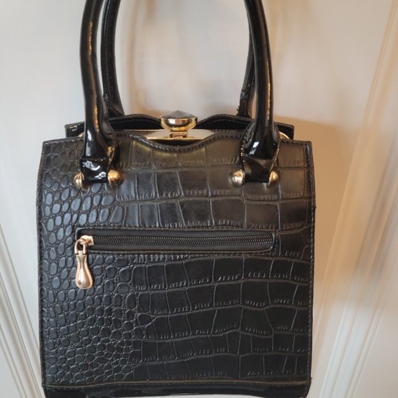 Black Patent and croc embossed PVC Structured Tote - Picture 2 of 11